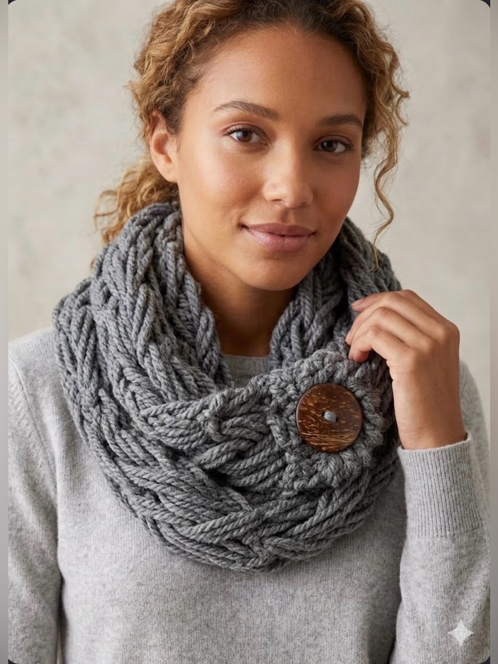 Chunky Gray Knit Scarf Wrap with adjustable “band” Handmade Handcrafted